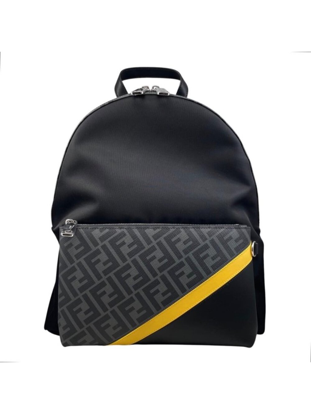 Fendi Backpack Zucca Pattern Leather Nylon FF Logo Black Gray Yellow